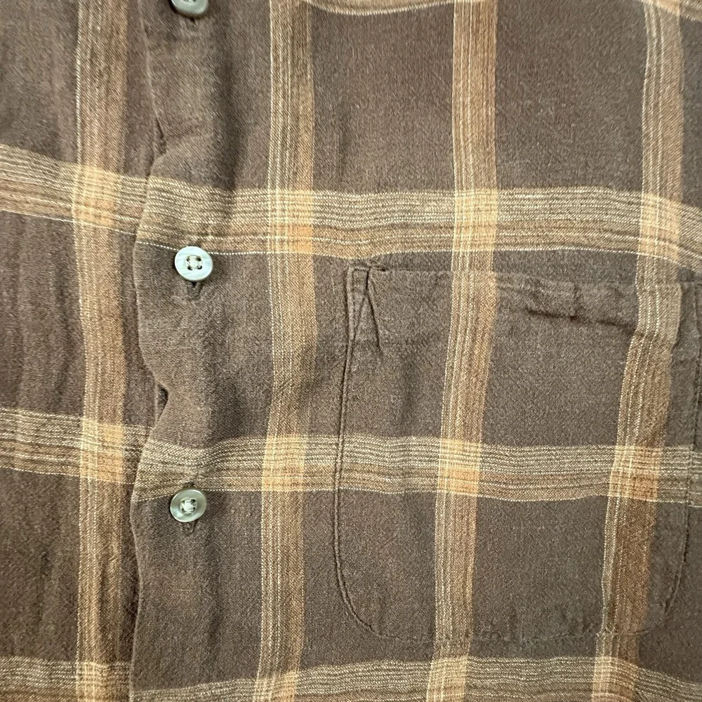 Van Heusen Men's XL Brown Plaid Linen Rayon SS Button Up Shirt SEE DESCRIPTION